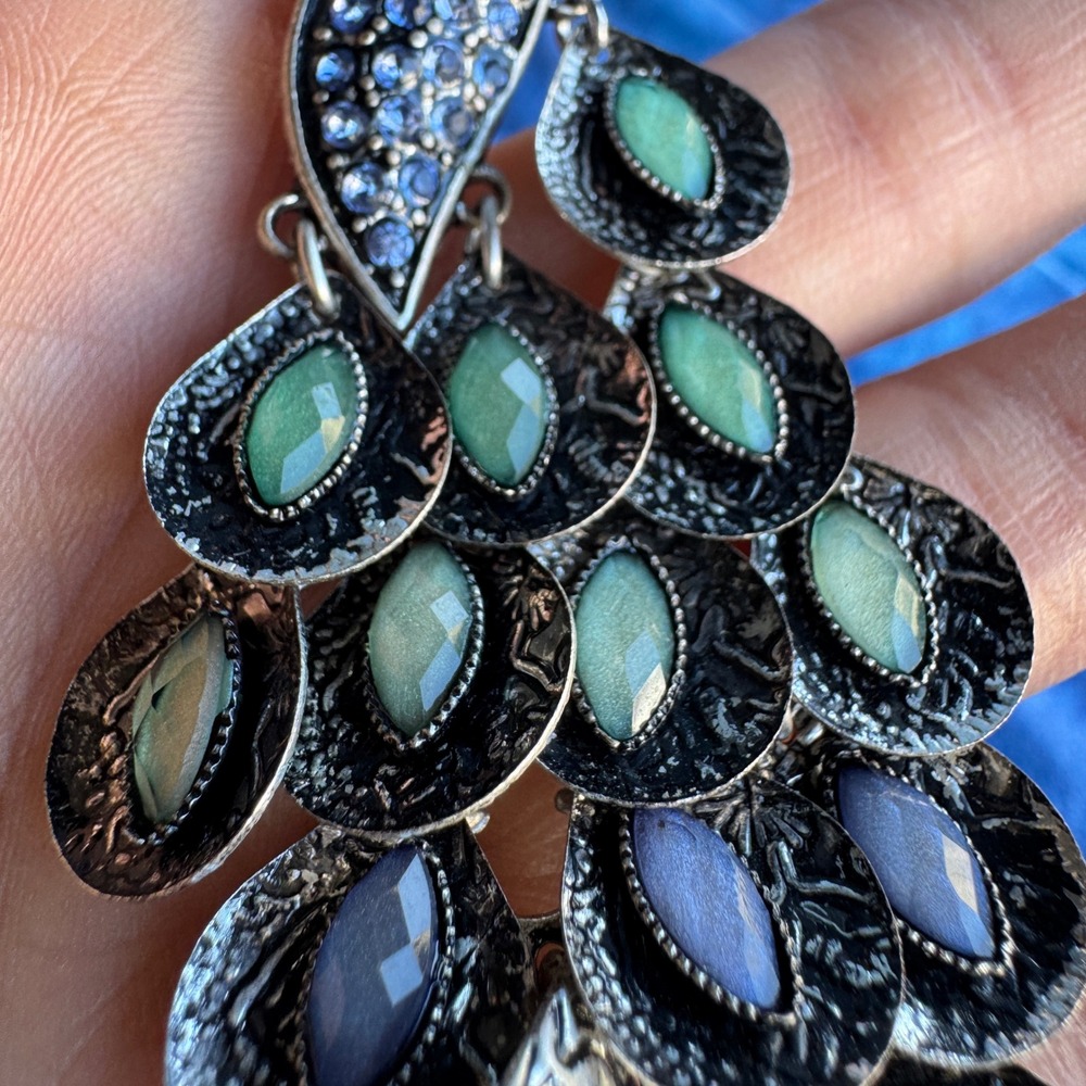 Vintage Peacock Statement Necklace Silver Green Blue Bird Articulated Dangle - Picture 8 of 12